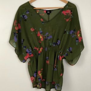Sheer Olive Green Blouse w Floral Print